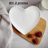 Kit 2 Pratos de Sobremesa Ceramica Branca Formato de Cora��o Borda Perolada 19cm
