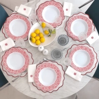 Kit 6 Pratos Fundo Branco Borda Vermelha para Jantar 25cm Melamina Resistente