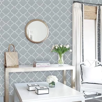 Papel de Parede Arabesco Geom�trico Cinza e Branco Adesivo Imperme�vel Decora��o de Ambientes
