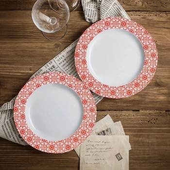Kit 12 Pratos Fundo Branco Borda Vermelha para Jantar 25cm Melamina Resistente