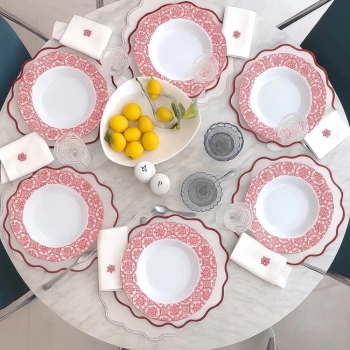 Kit 6 Pratos Fundo Branco Borda Vermelha para Jantar 25cm Melamina Resistente