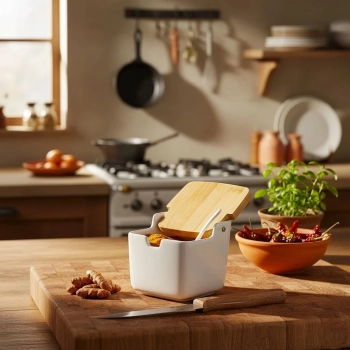 Saleiro Porta Sal Porcelana com Tampa de Bambu e Colher 9x9x5cm Cozinha Moderna- Lyor