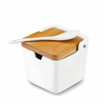 Saleiro Porta Sal Porcelana com Tampa de Bambu e Colher 9x9x5cm Cozinha Moderna- Lyor