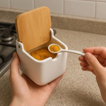 Saleiro Porta Sal Porcelana com Tampa de Bambu e Colher 9x9x5cm Cozinha Moderna- Lyor