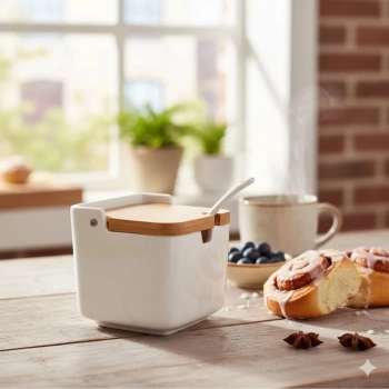 Saleiro Porta Sal Porcelana com Tampa de Bambu e Colher 9x9x5cm Cozinha Moderna- Lyor