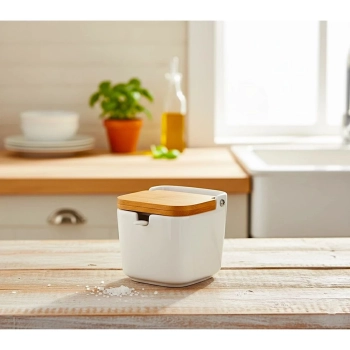 Saleiro Porta Sal Porcelana com Tampa de Bambu e Colher 9x9x5cm Cozinha Moderna- Lyor
