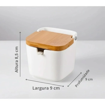 Saleiro Porta Sal Porcelana com Tampa de Bambu e Colher 9x9x5cm Cozinha Moderna- Lyor
