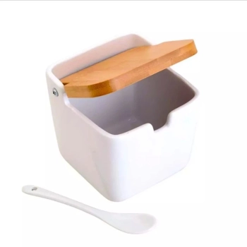 Saleiro Porta Sal Porcelana com Tampa de Bambu e Colher 9x9x5cm Cozinha Moderna- Lyor