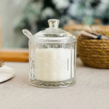 A�ucareiro com Tampa e Colher Porta A��car Vidro Cristal Harmony
