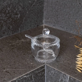 A�ucareiro com Tampa e Colher Porta A��car Vidro Cristal Pearl