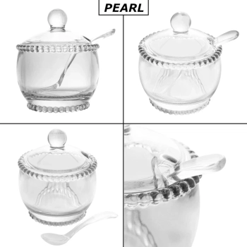 A�ucareiro com Tampa e Colher Porta A��car Vidro Cristal Pearl